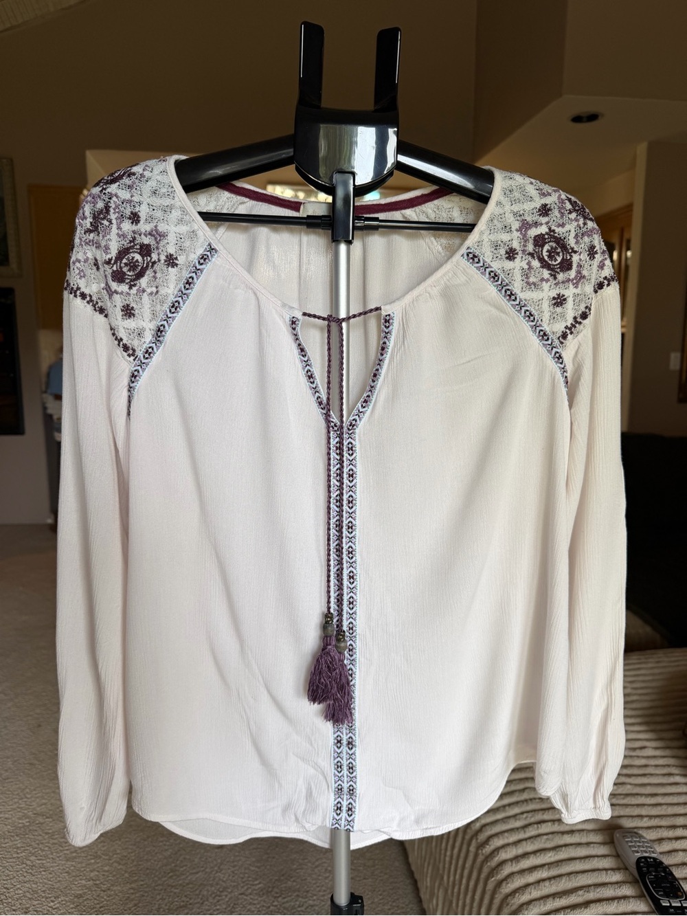 Altar'd State white Boho Embroidered Peasant Blouse with Purple Accents